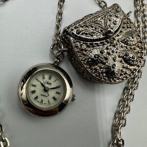 Collezio Watch Pendant Necklace Silver Tone Purse Hidden Pocket Chain Link Works